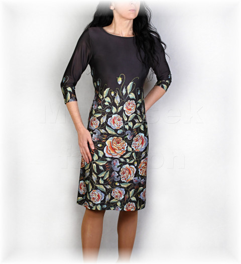 Šaty vz. 838 pestrobarevné jarní letní květy černá úpletové šaty svatba léto vzor oslava 