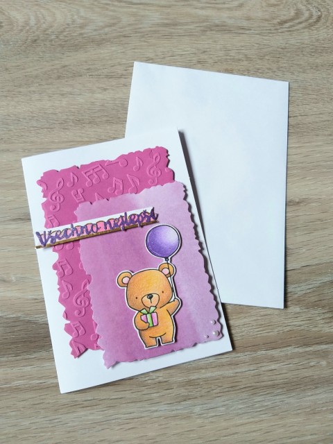 Přání No.40 stuha mašle přání blahopřání medvídek méďa medvěd scrapbook přáníčko gratulace pro radost puntíčky pro štěstí s obrázkem embosování 
