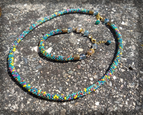 Tyrkysová duha - sada šperk náhrdelník náramek doplněk sada háčkování barevná tyrkysová duhový veselý dutinka duha petrolejová nápadný směs 